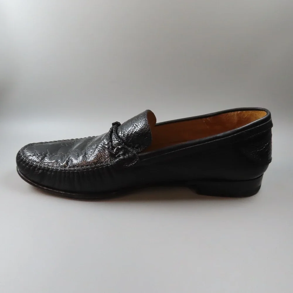 Mezlan Vesta Ostrich Leg and‎ Woven Calfskin Moc Toe Bit Strap Loafers Black 10